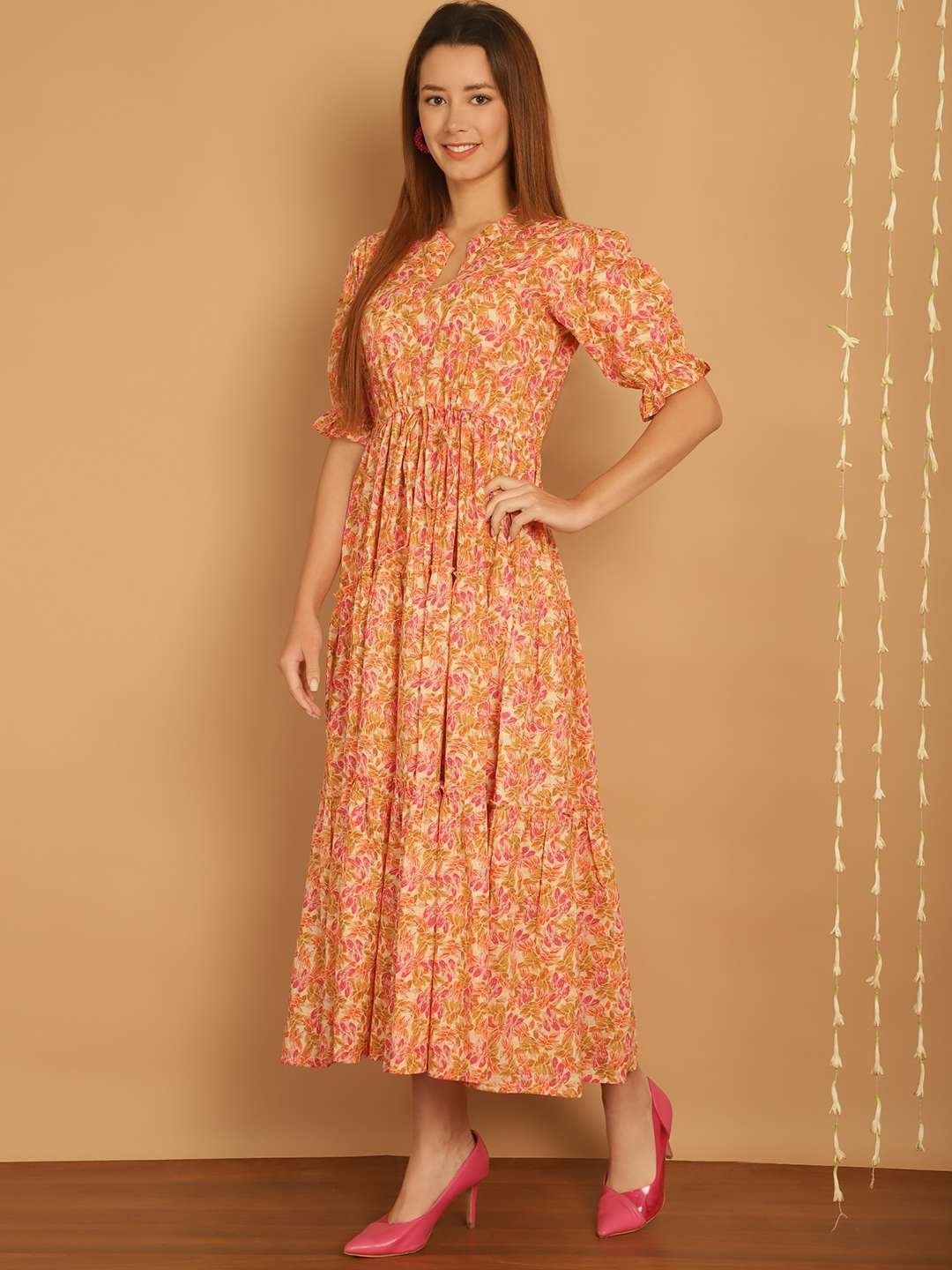 Women’s Cotton Printed Fit & Flare Anarkali Gown Midi Dress