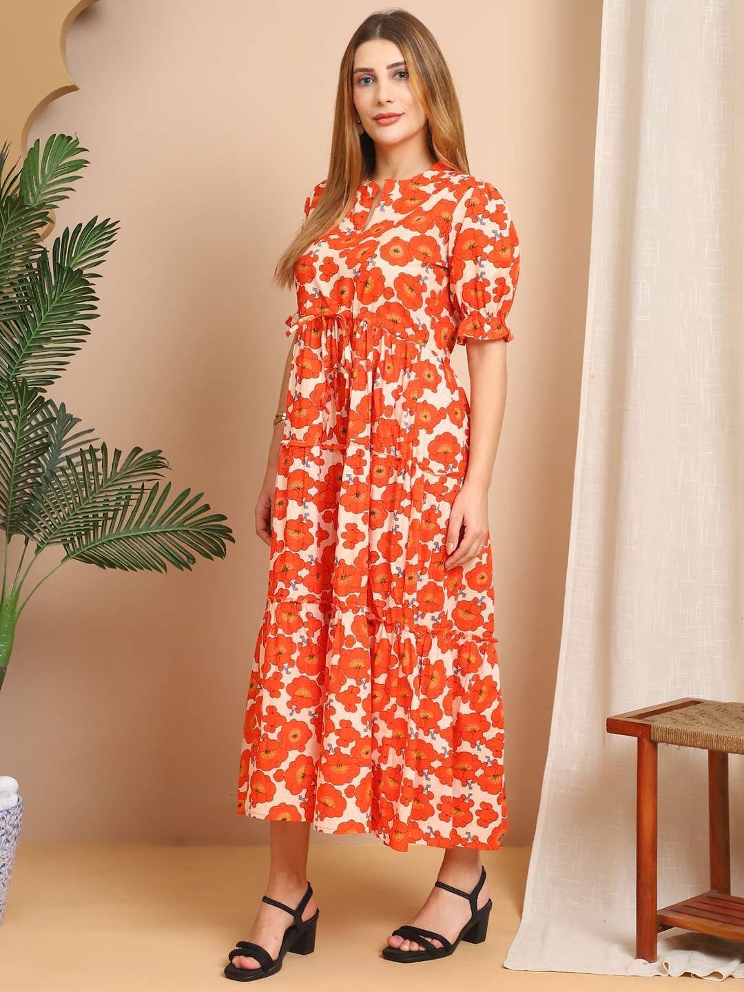 Women’s Cotton Printed Fit & Flare Anarkali Gown Midi Dress