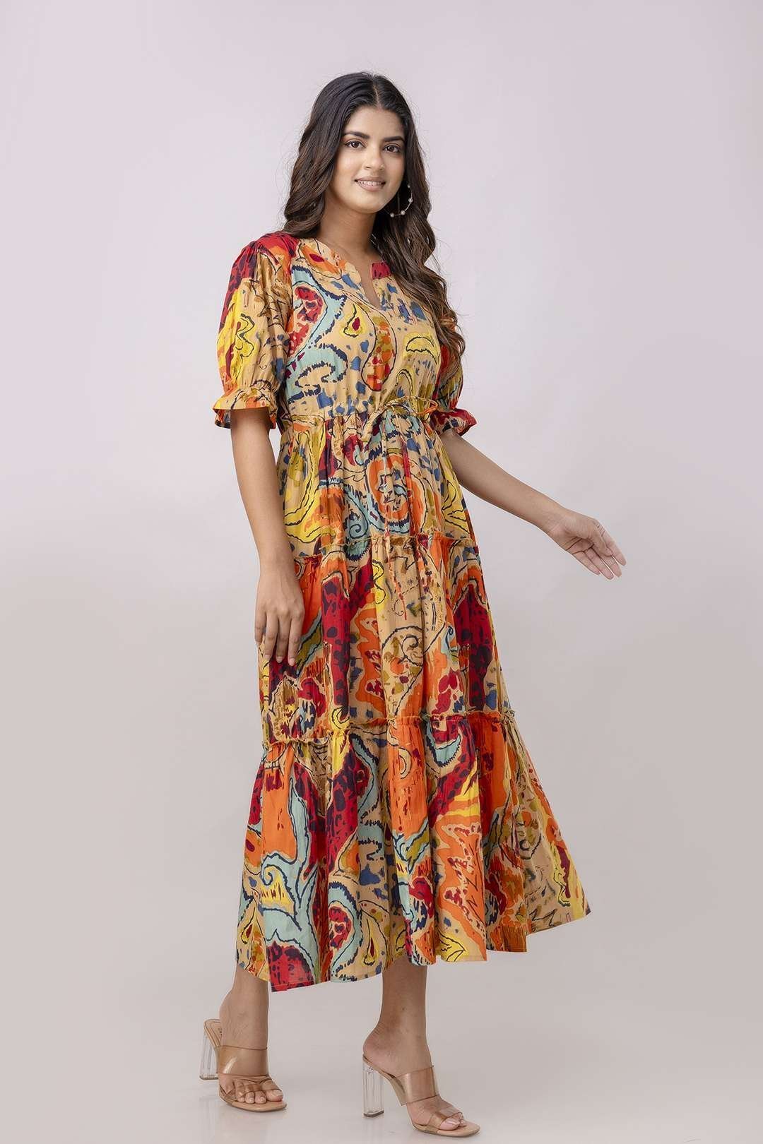 Women’s Cotton Printed Fit & Flare Anarkali Gown Midi Dress