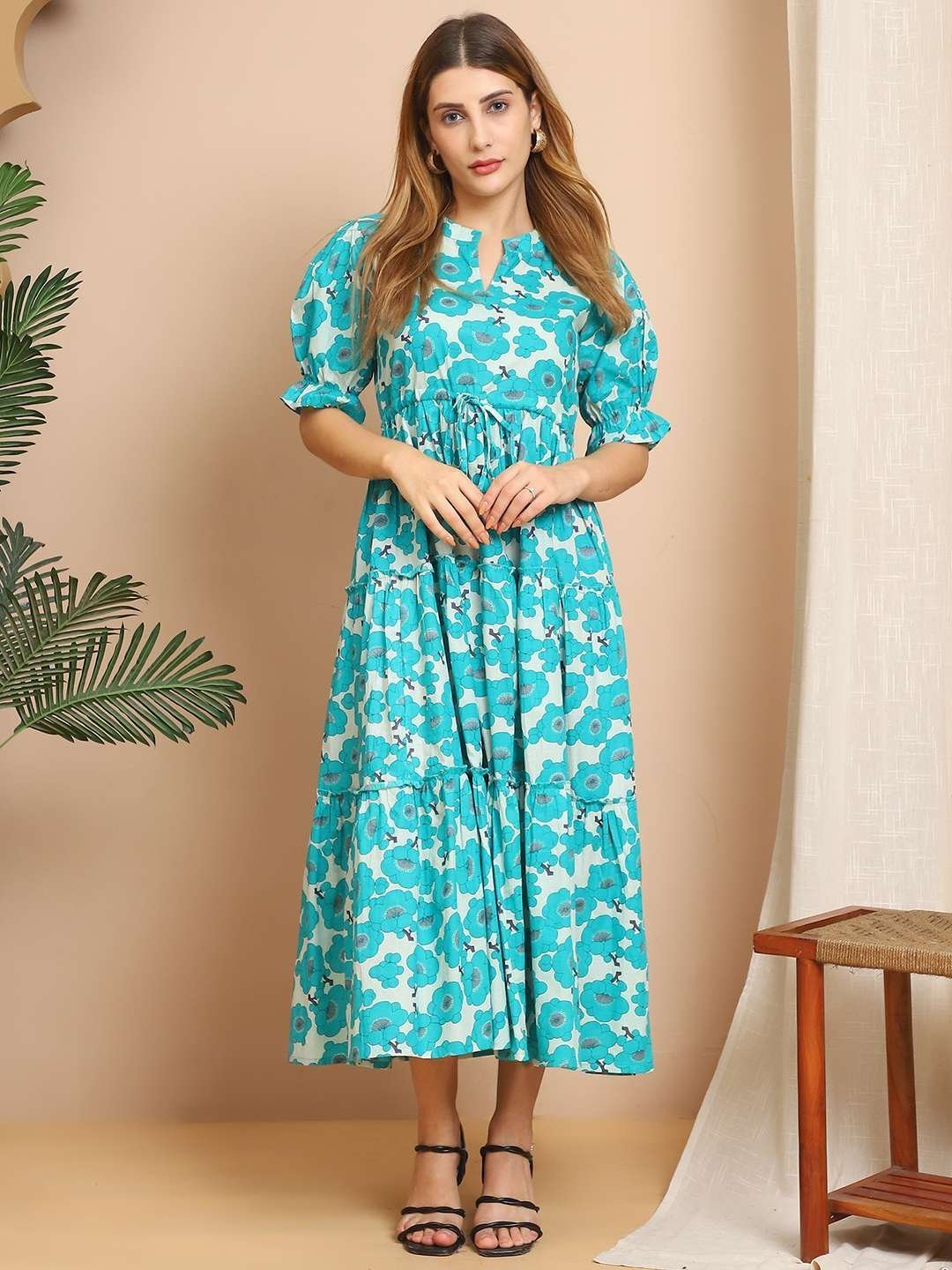 Women’s Cotton Printed Fit & Flare Anarkali Gown Midi Dress