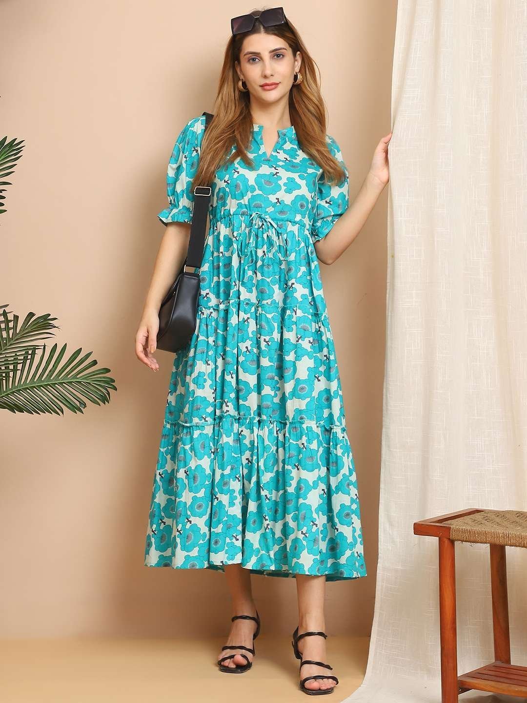 Women’s Cotton Printed Fit & Flare Anarkali Gown Midi Dress
