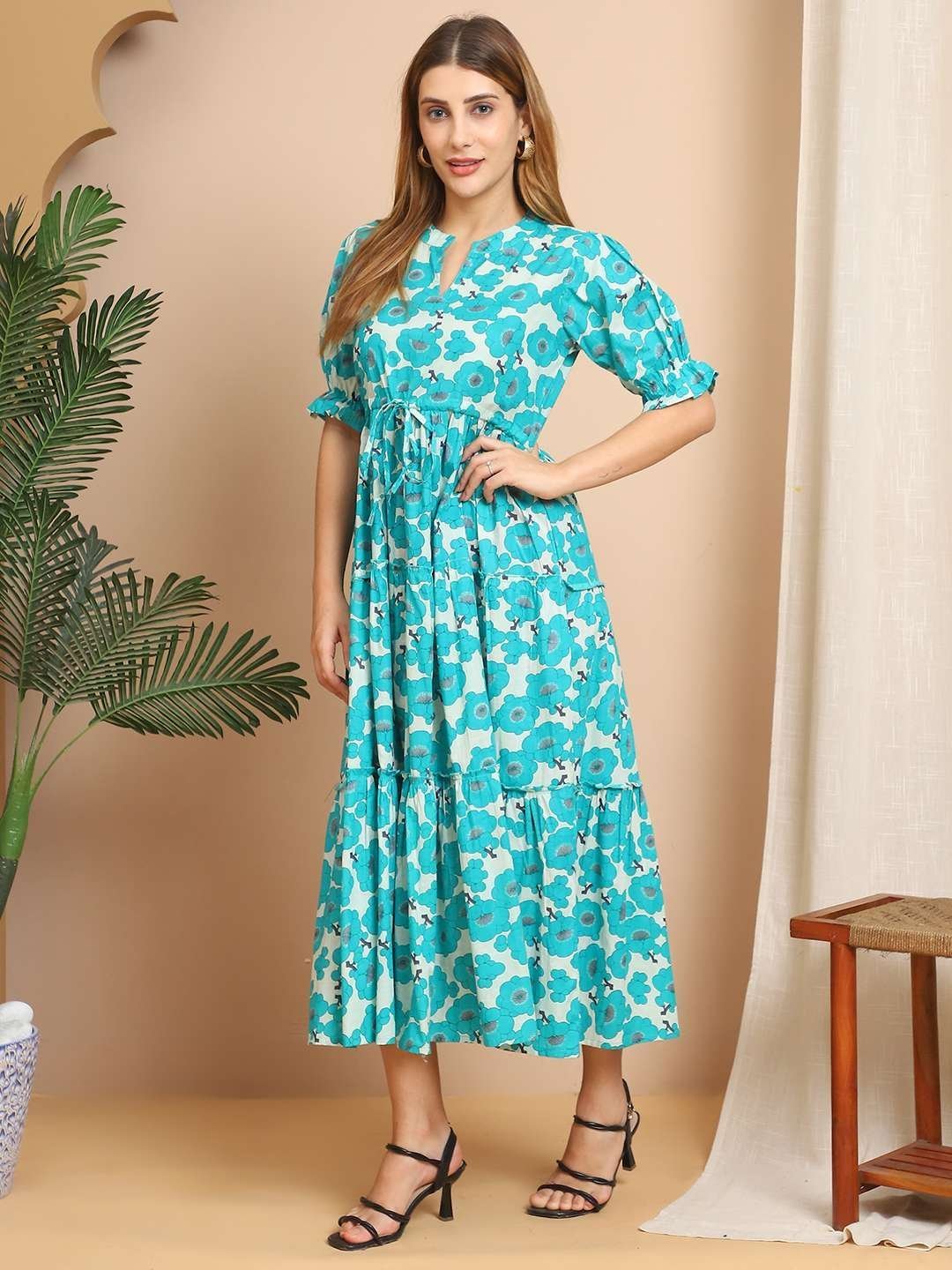 Women’s Cotton Printed Fit & Flare Anarkali Gown Midi Dress