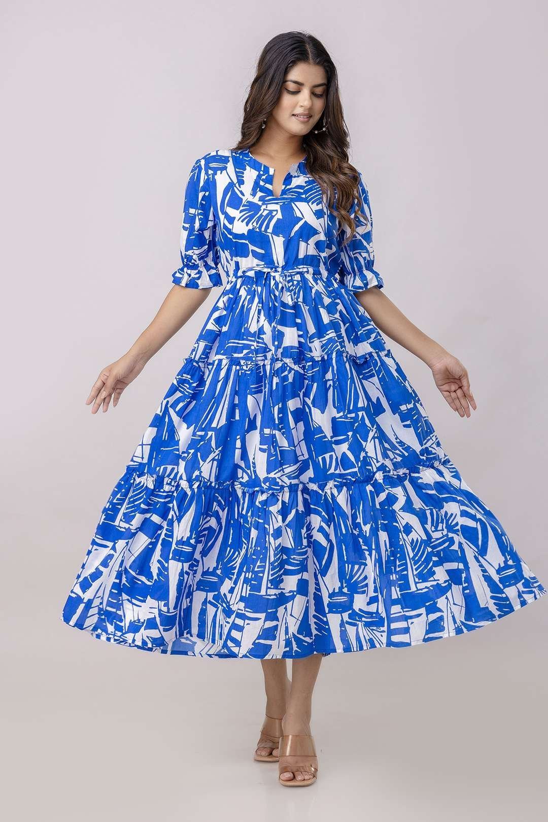 Women’s Cotton Printed Fit & Flare Anarkali Gown Midi Dress