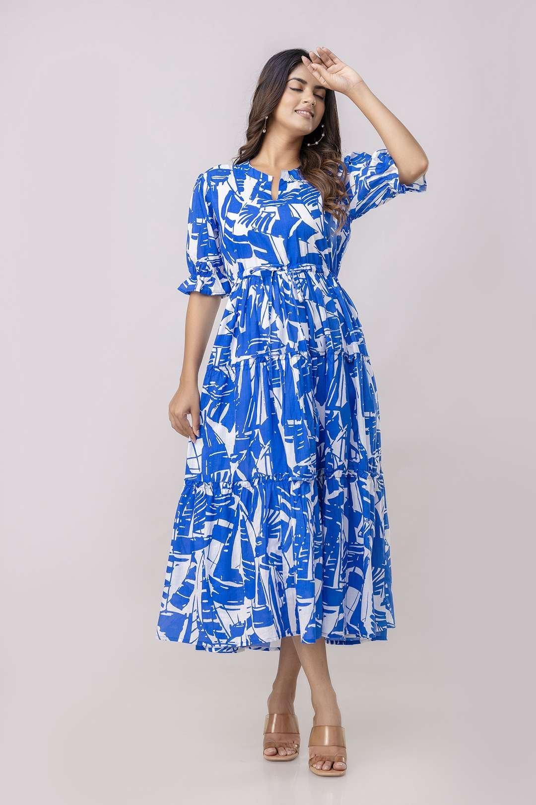Women’s Cotton Printed Fit & Flare Anarkali Gown Midi Dress