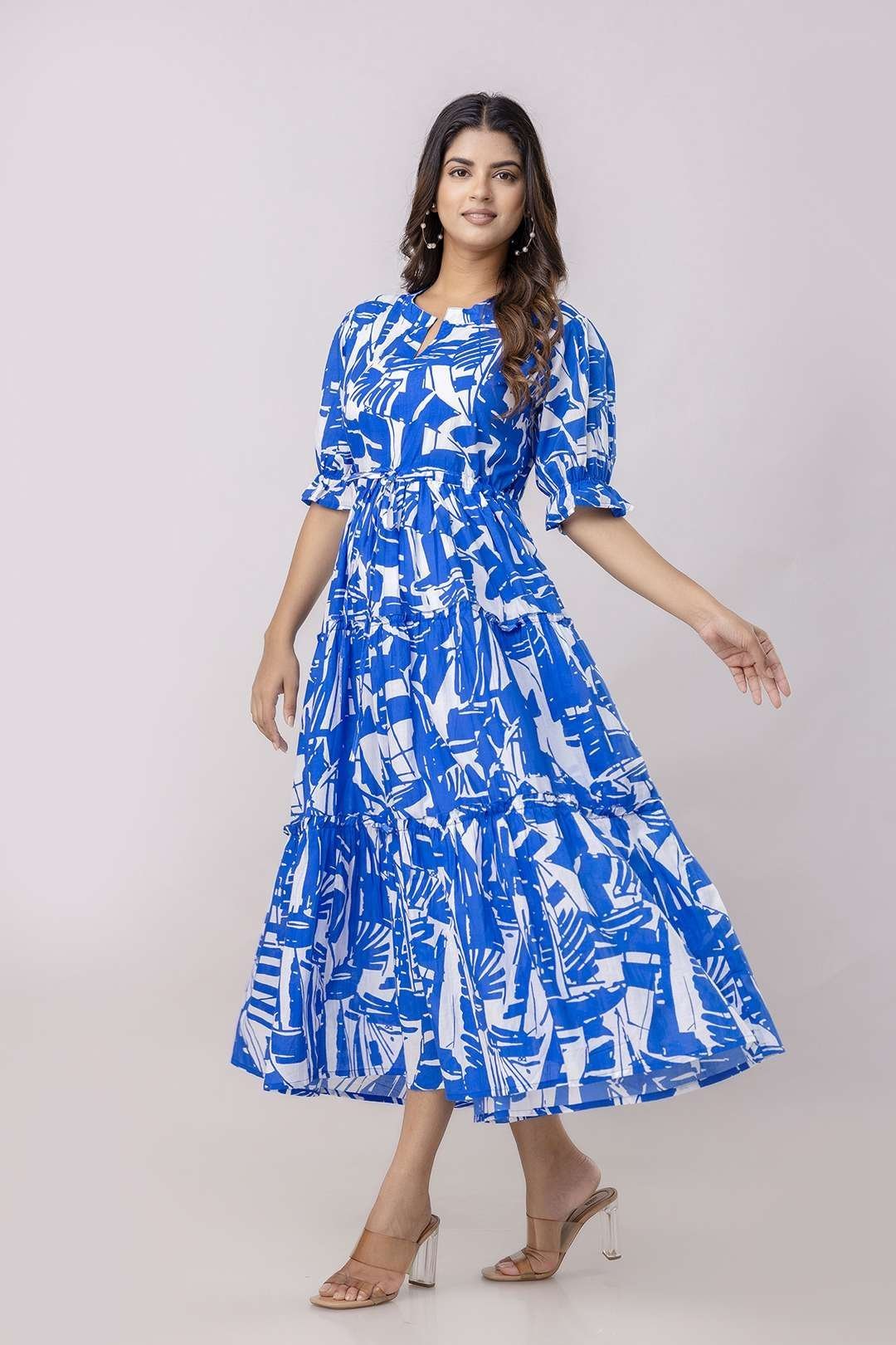 Women’s Cotton Printed Fit & Flare Anarkali Gown Midi Dress