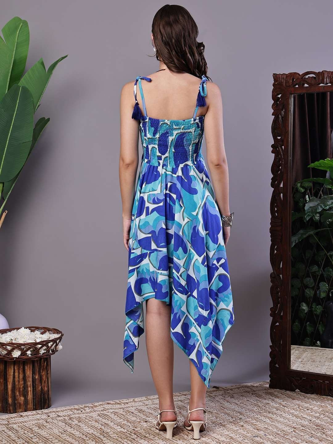 Women’s Blue Printed Cotton Handkerchief Hem Dress Midi Dresses