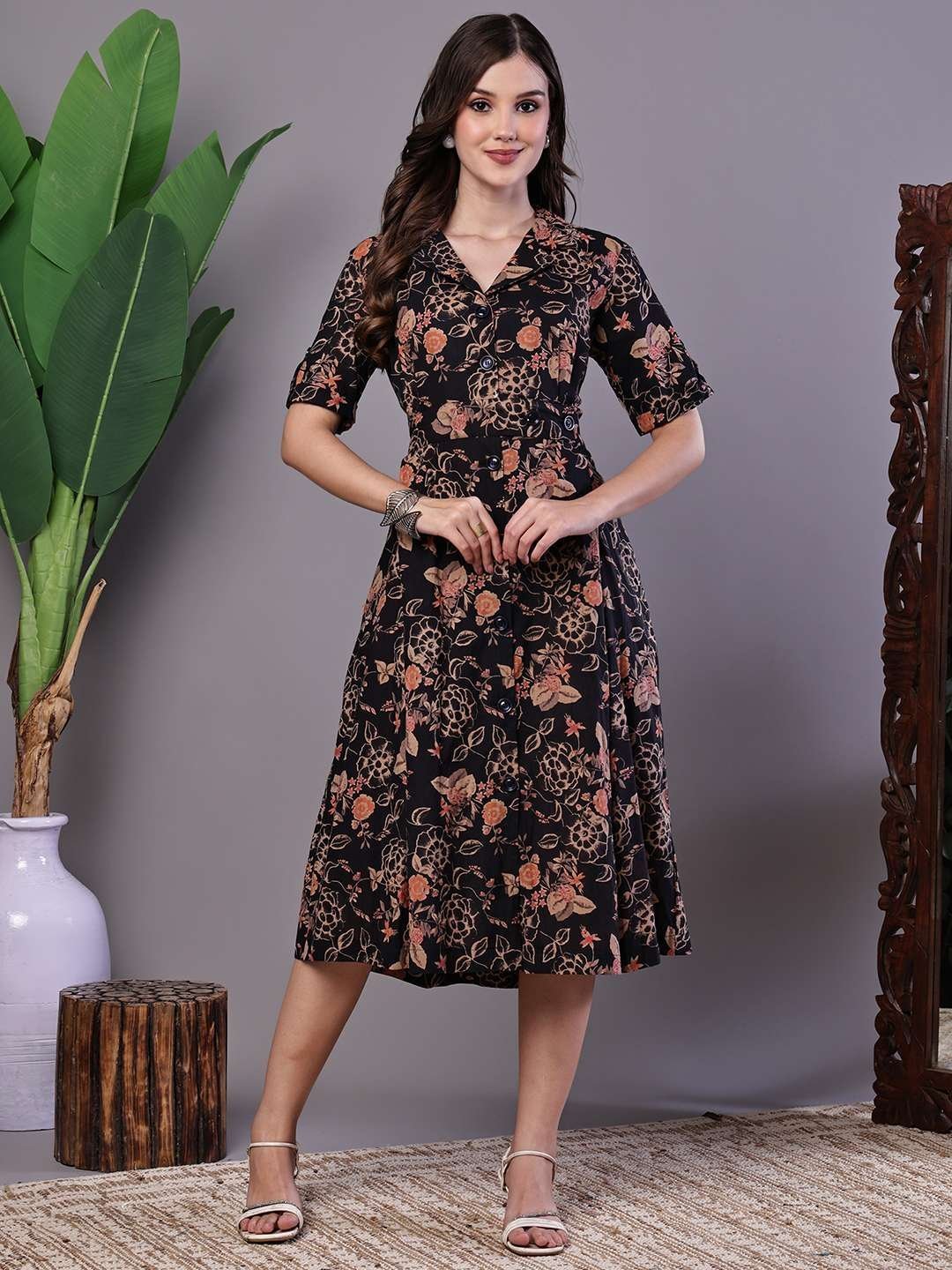 Women’s Chic Black & Rust Floral Print Button-Front Midi Dress