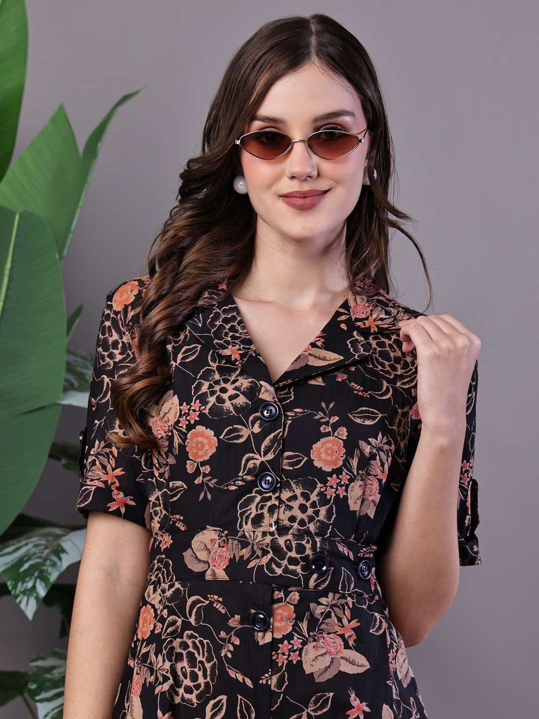 Women’s Chic Black & Rust Floral Print Button-Front Midi Dress