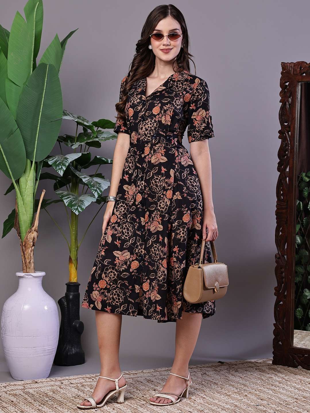 Women’s Chic Black & Rust Floral Print Button-Front Midi Dress
