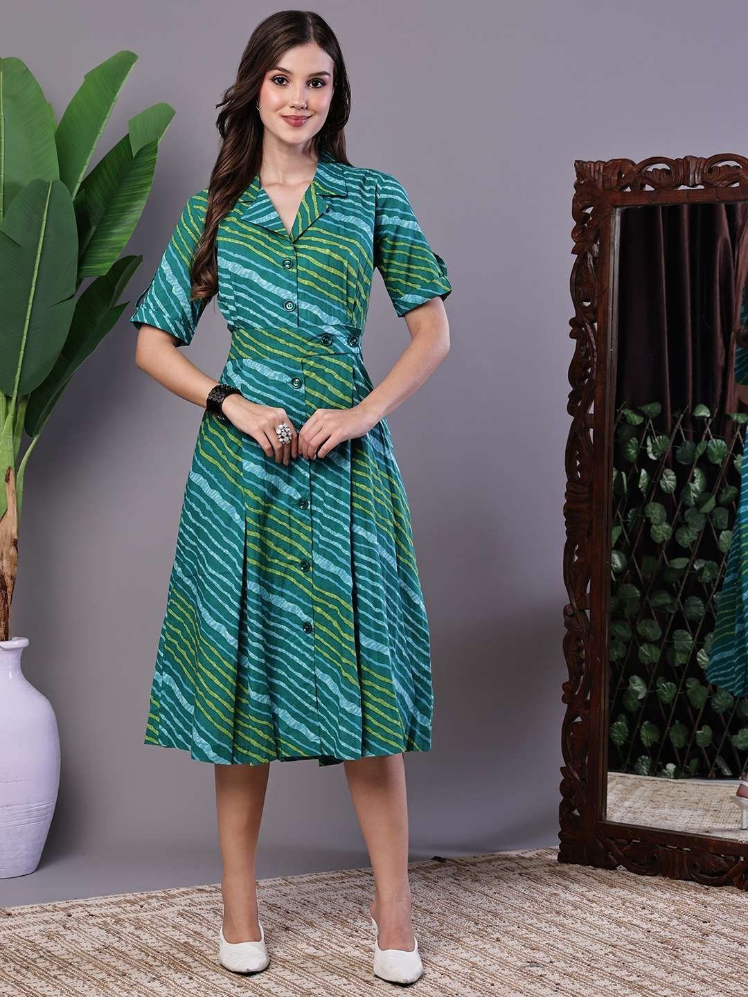 Women’s eal Green Striped Cotton Midi Shirt Dress