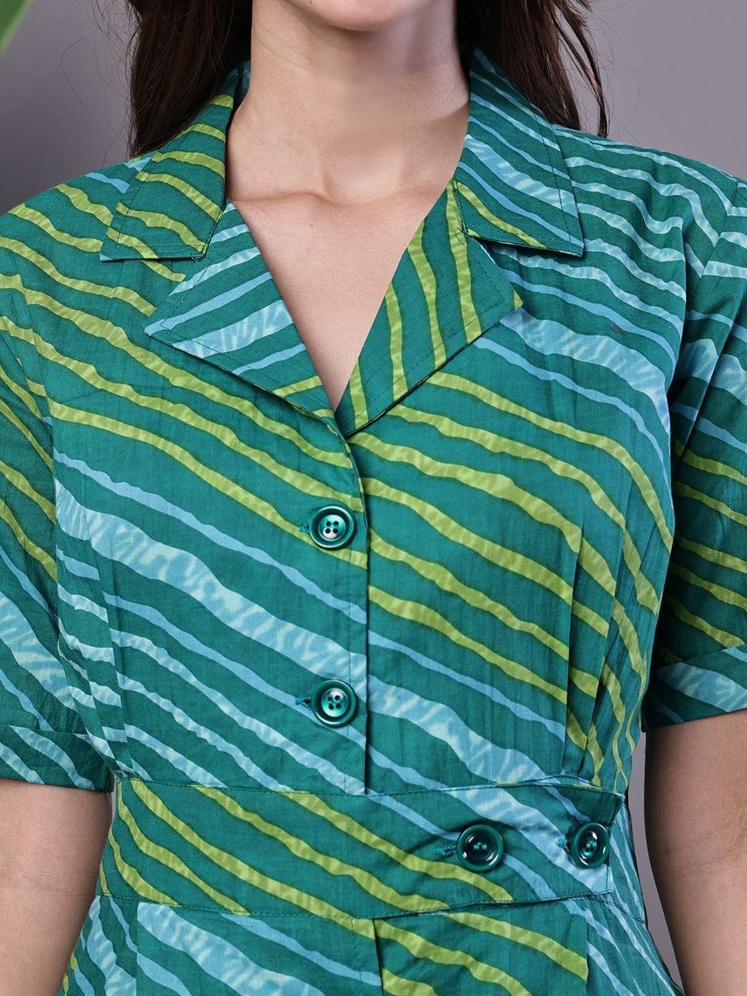Women’s eal Green Striped Cotton Midi Shirt Dress