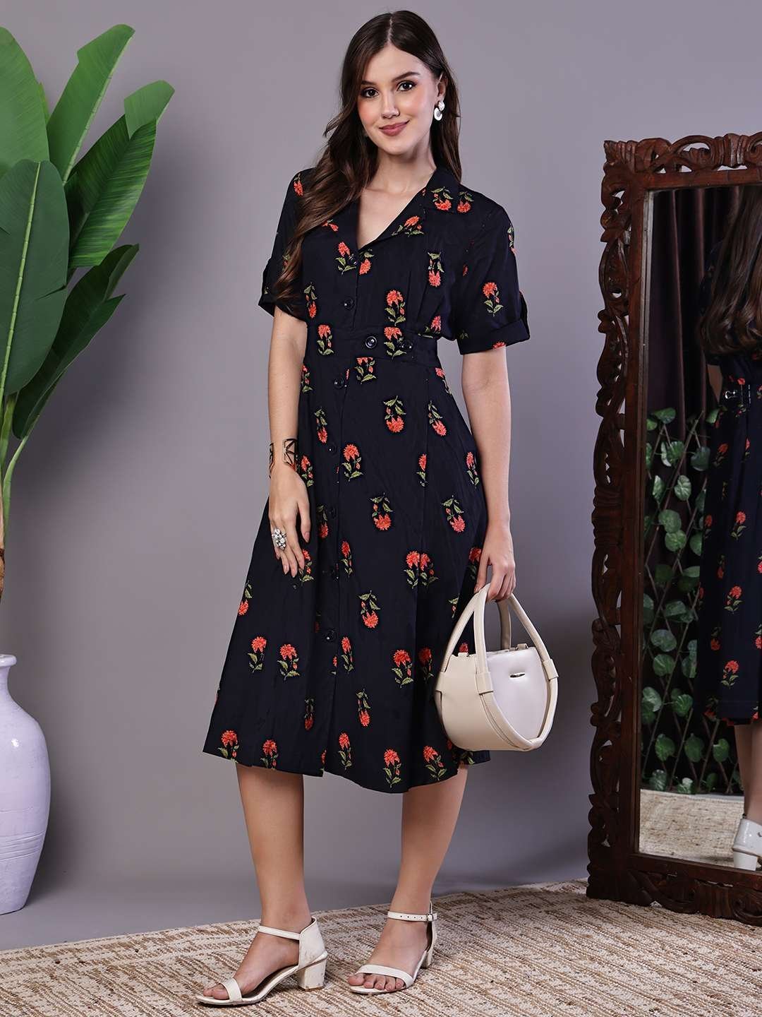 Women’s Elegant Indigo & Orange Floral Block Print Cotton Shirt Dress