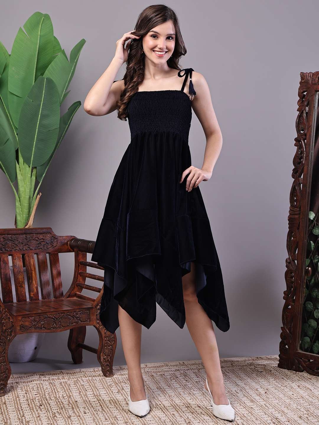Women’s Junglee Black Velvet Party Midi Dress with Asymmetrical Hemline Midi Dresses