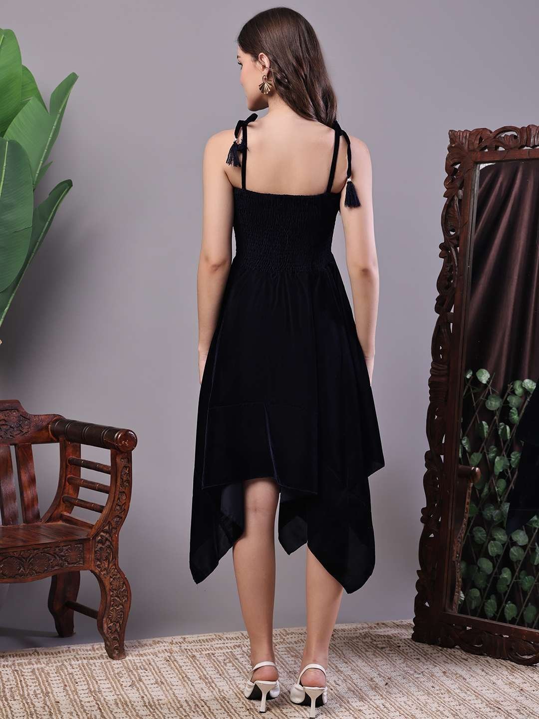 Women’s Junglee Black Velvet Party Midi Dress with Asymmetrical Hemline Midi Dresses