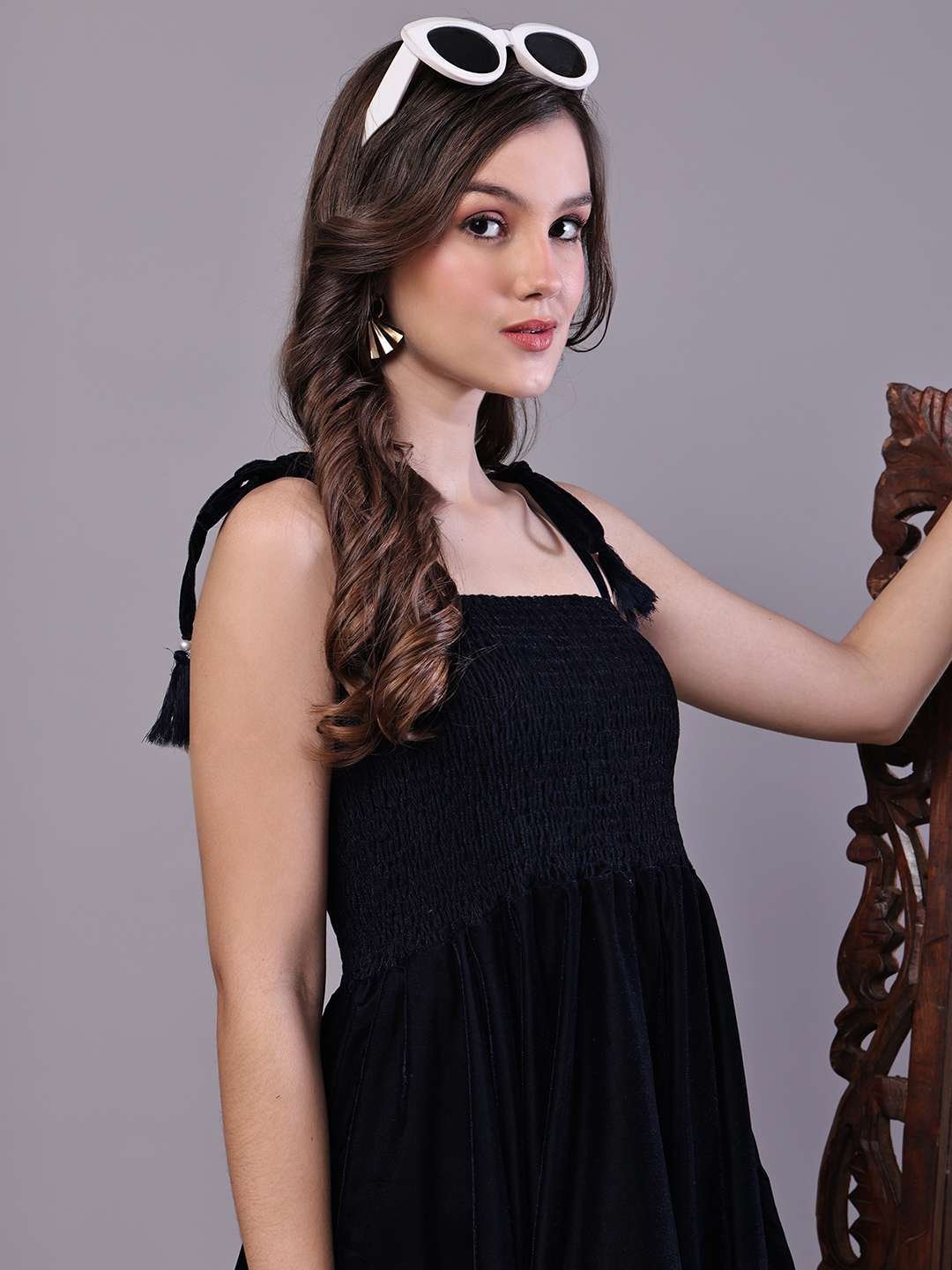 Women’s Junglee Black Velvet Party Midi Dress with Asymmetrical Hemline Midi Dresses