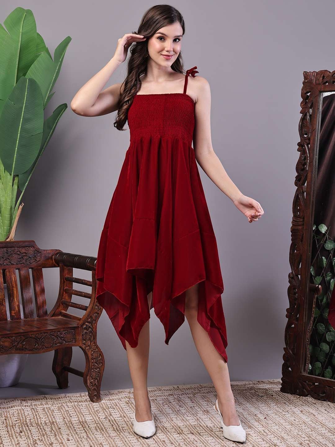 Women’s Junglee Velvet Maroon Handkerchief Hem Dress
