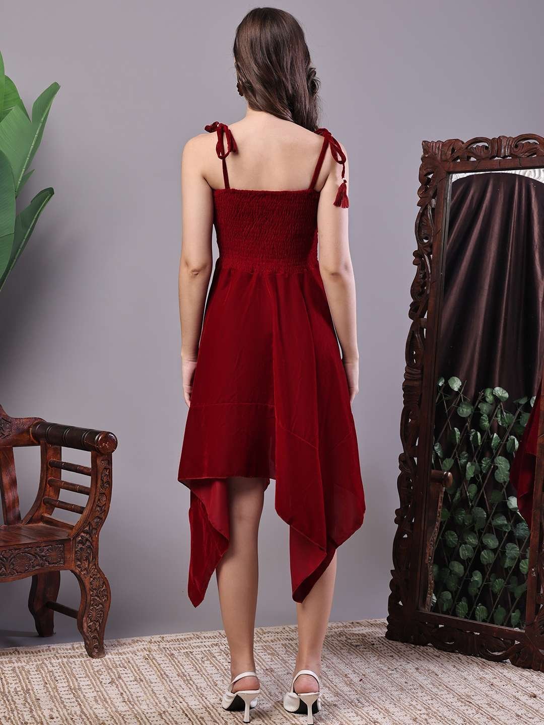 Women’s Junglee Velvet Maroon Handkerchief Hem Dress