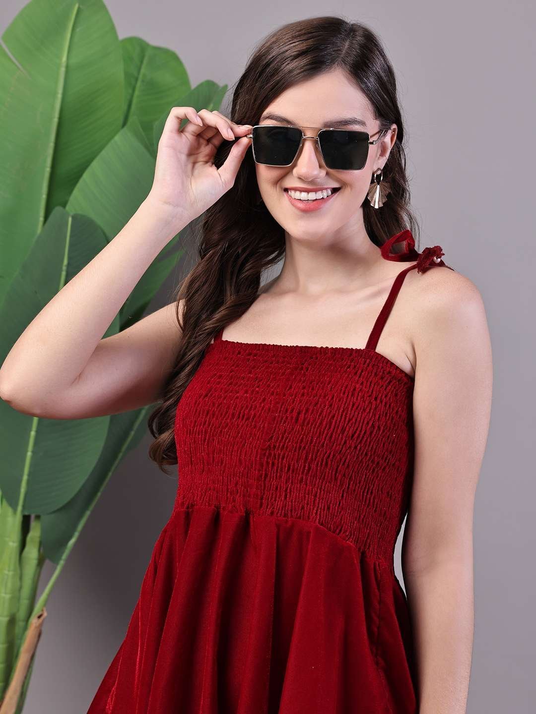 Women’s Junglee Velvet Maroon Handkerchief Hem Dress