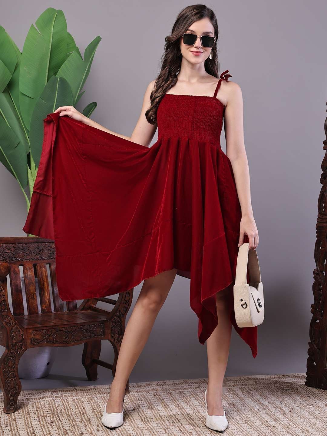 Women’s Junglee Velvet Maroon Handkerchief Hem Dress