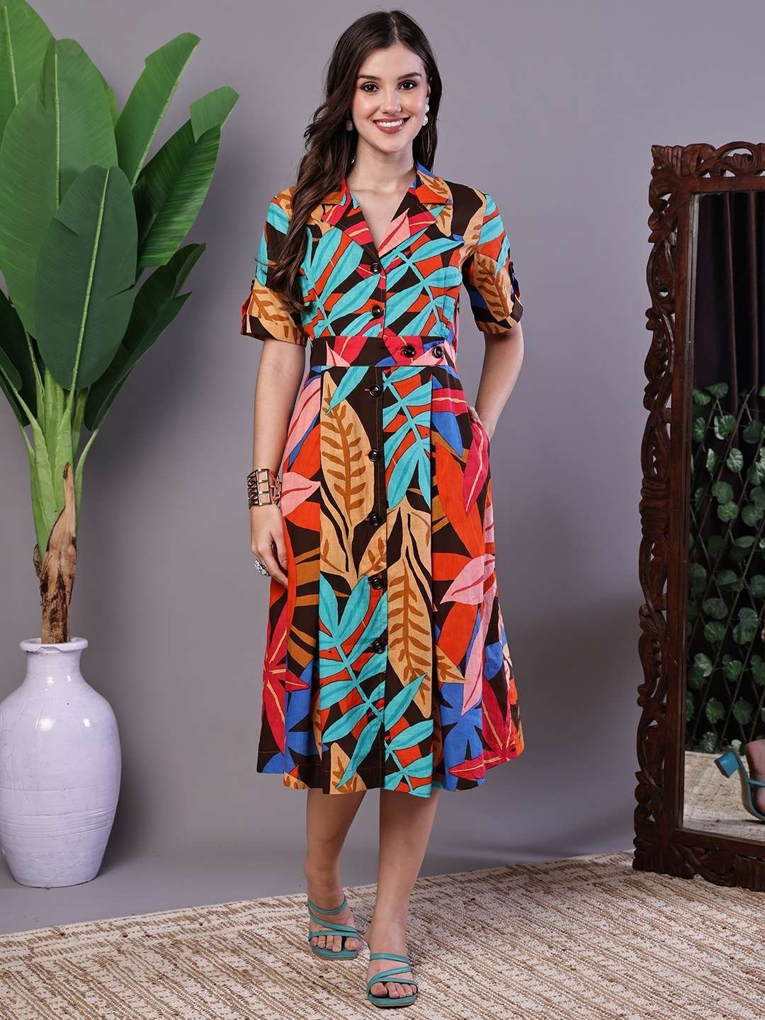 Women’s Leaf Print Button-Down Cotton Midi Dress