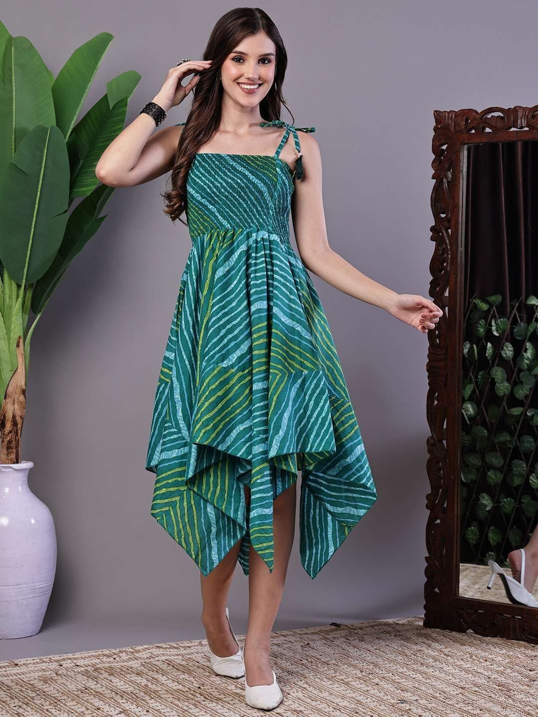 Women’s Leheriya Asymmetrical Hem Smocked A-Line Dress Midi Dresses