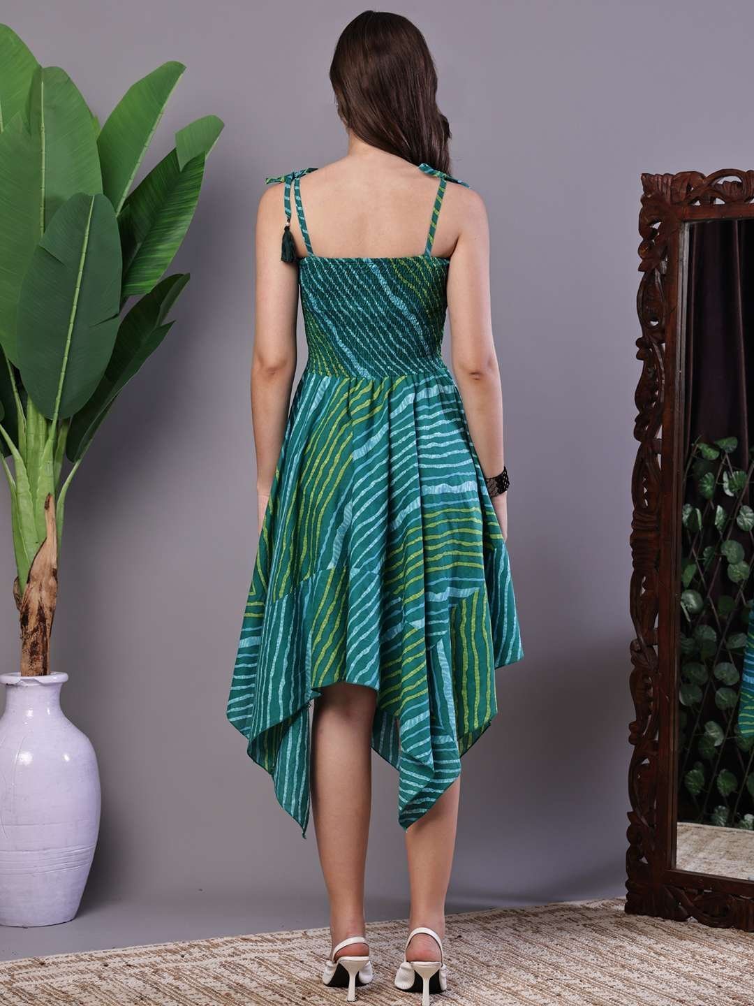 Women’s Leheriya Asymmetrical Hem Smocked A-Line Dress Midi Dresses