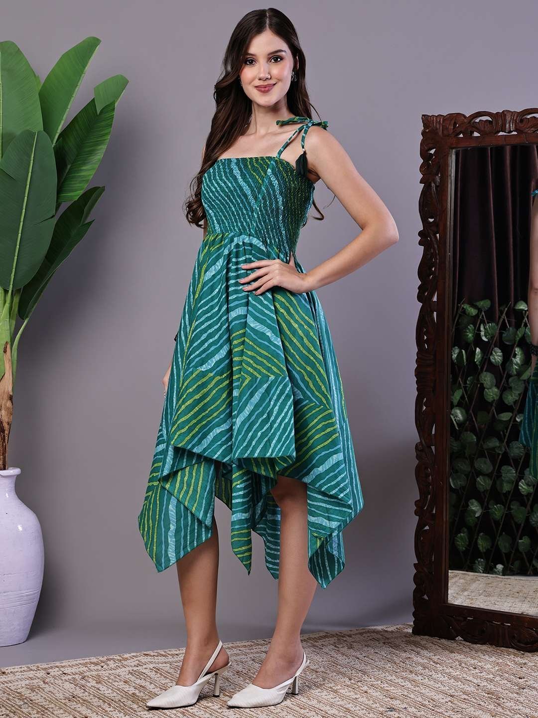 Women’s Leheriya Asymmetrical Hem Smocked A-Line Dress Midi Dresses