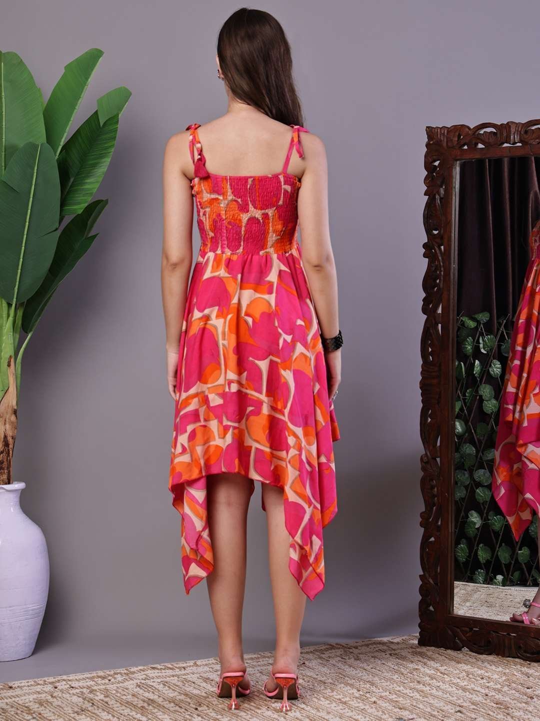 Women’s Orange & Pink Printed Cotton Handkerchief Hem Dress Midi Dresses