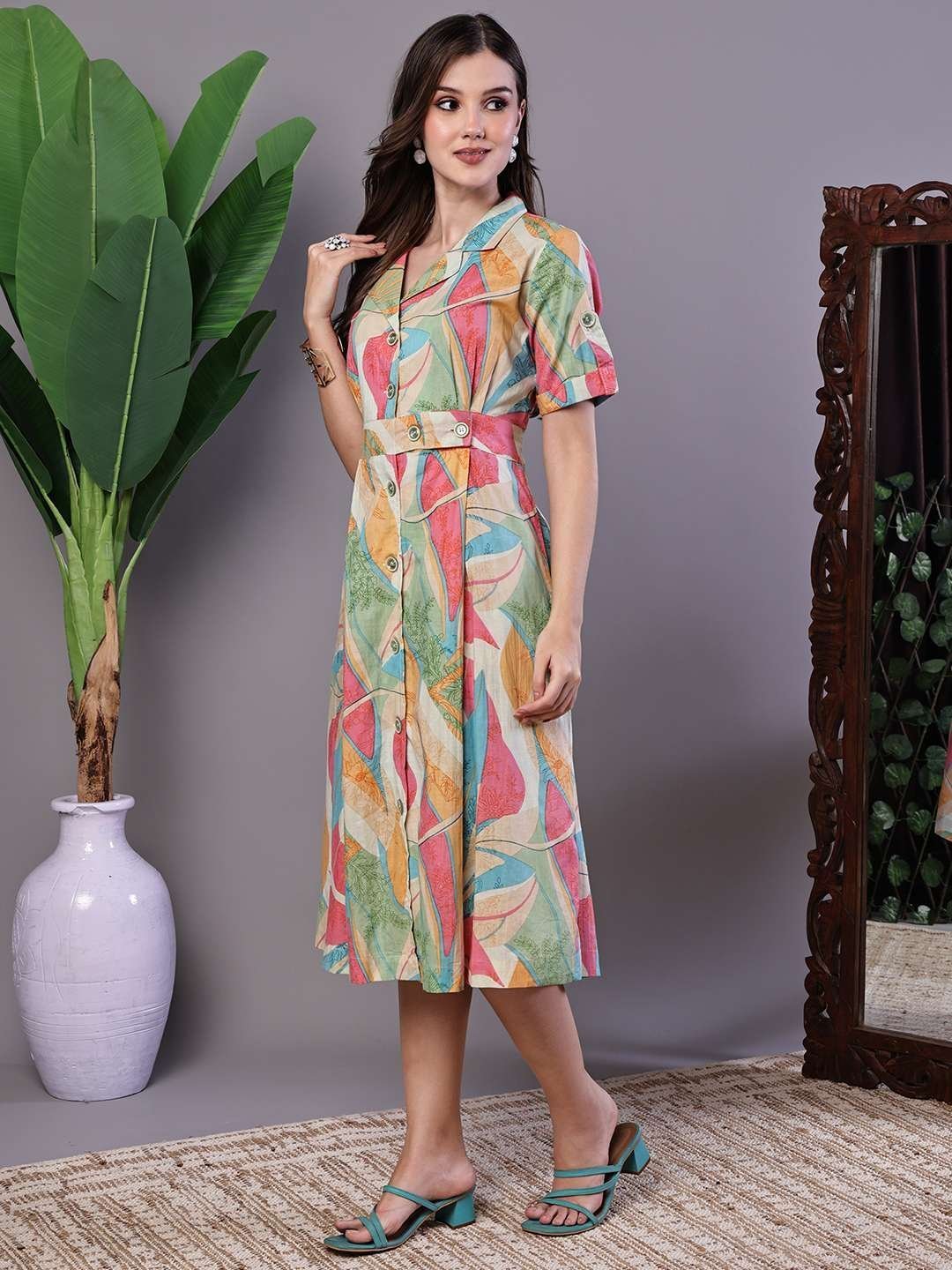 Women’s Pastel Abstract Print Button-Down Cotton Midi Dress