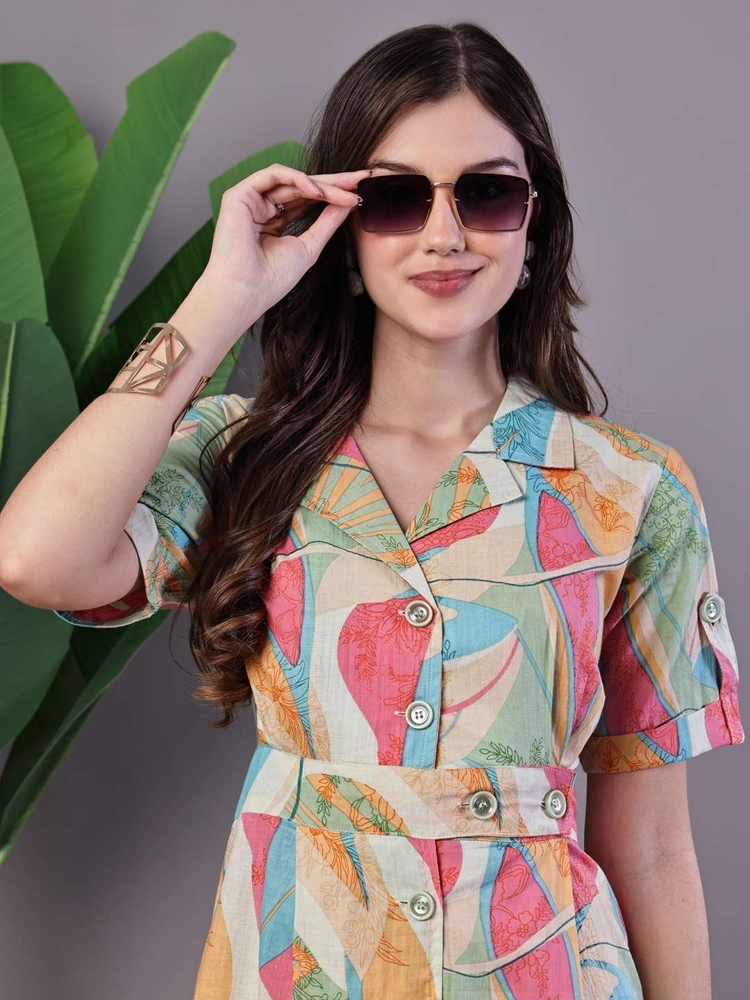 Women’s Pastel Abstract Print Button-Down Cotton Midi Dress