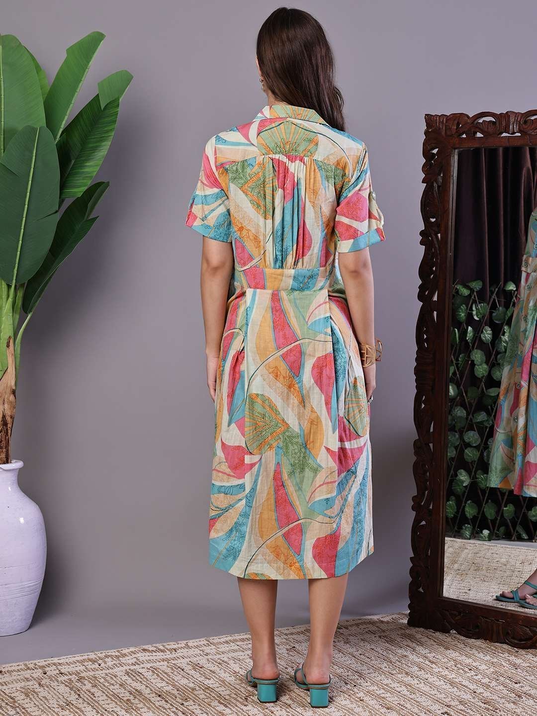 Women’s Pastel Abstract Print Button-Down Cotton Midi Dress