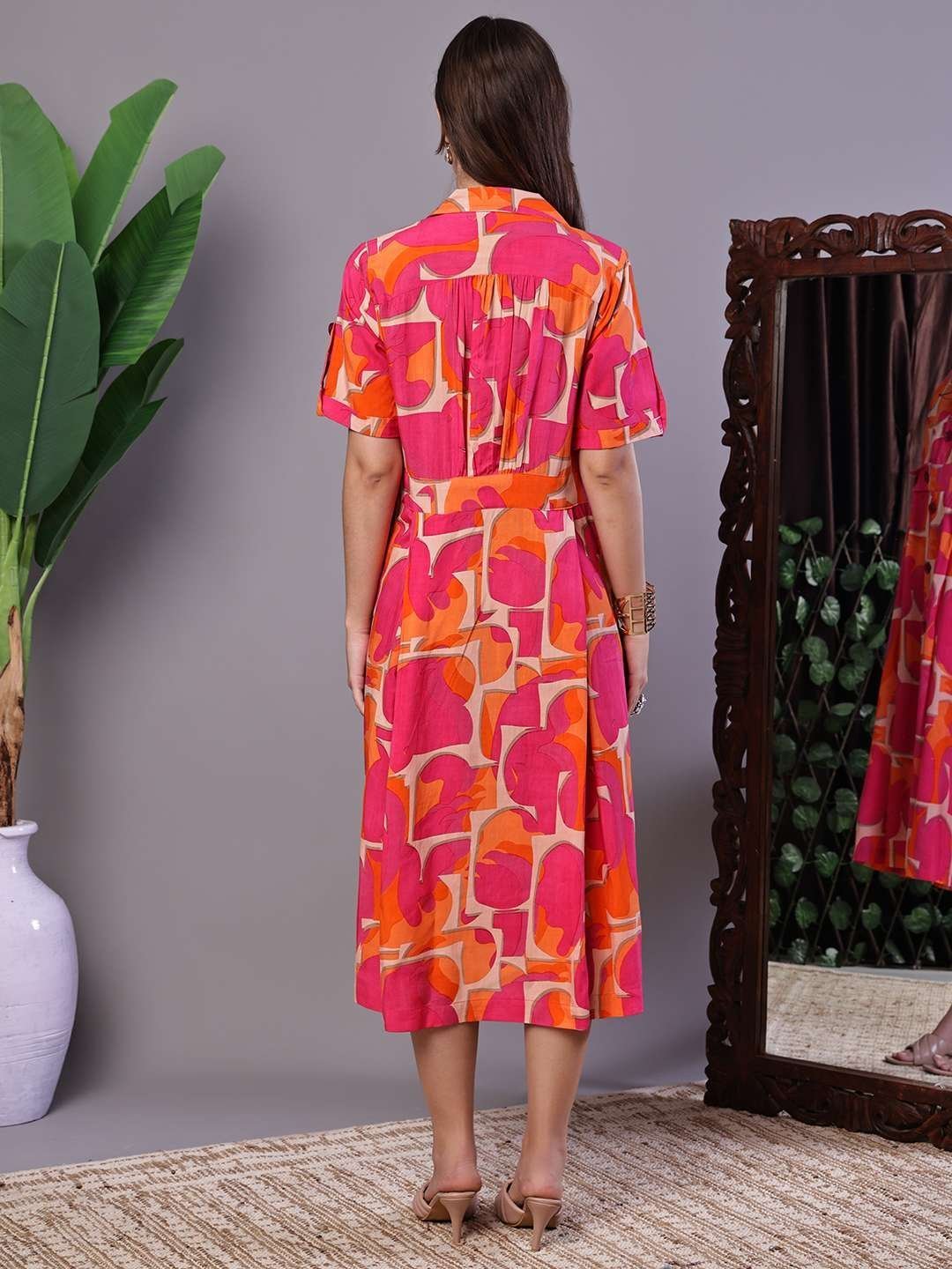 Women’s Pink & Orange Abstract Print Cotton Shirt Dress