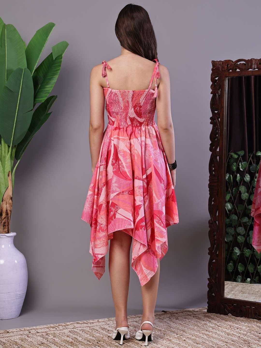Women’s Pink Printed Cotton Handkerchief Hem Midi Dress Midi Dresses