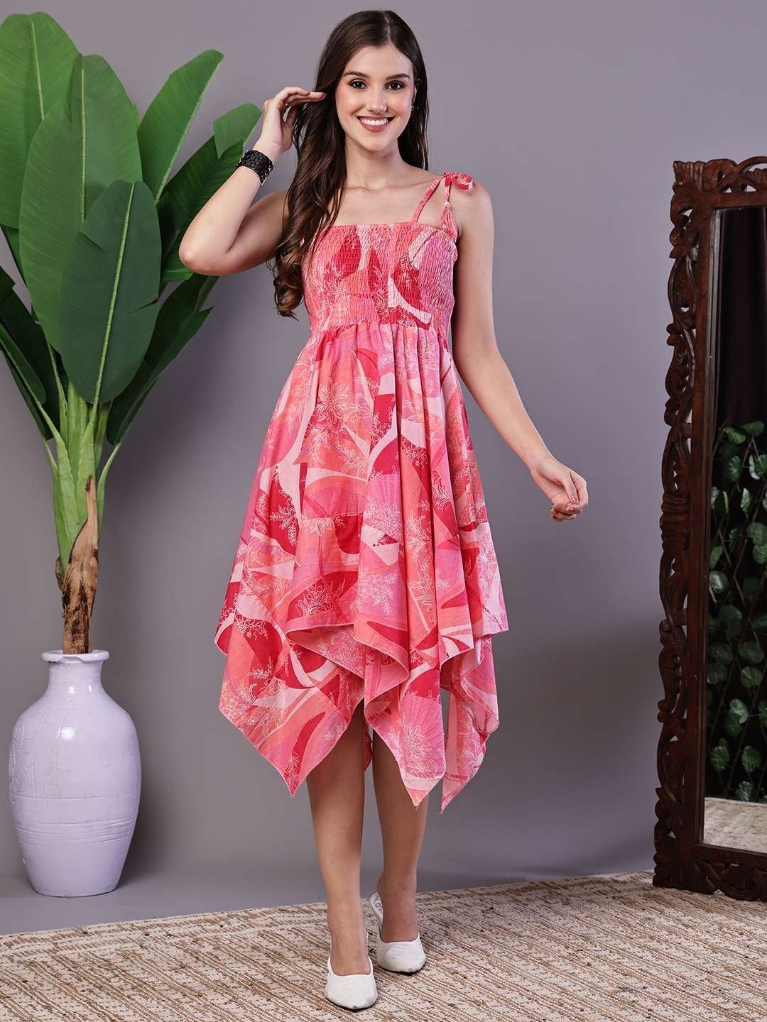 Women’s Pink Printed Cotton Handkerchief Hem Midi Dress Midi Dresses
