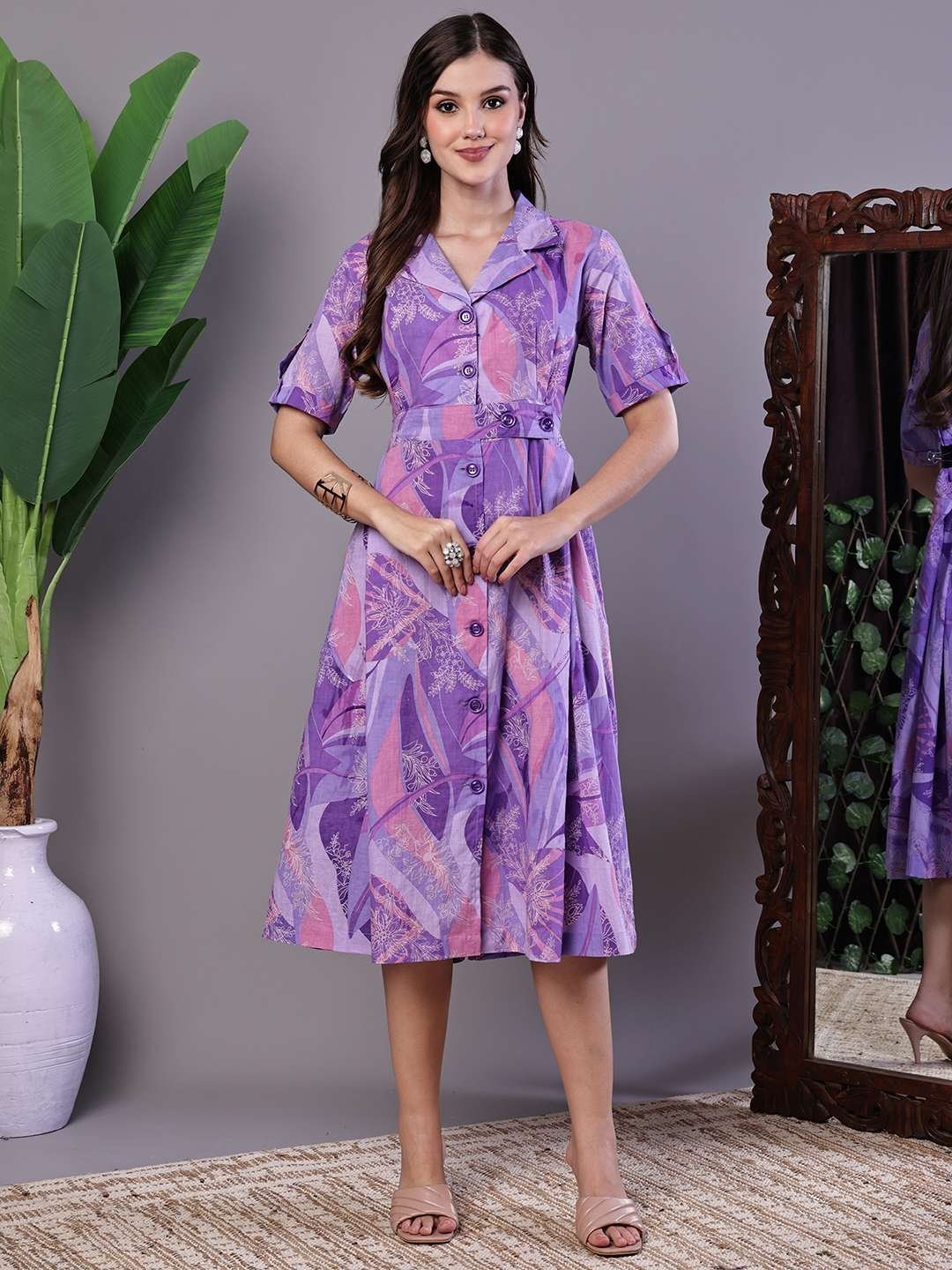 Women’s Purple Abstract Print Cotton Shirt Dress