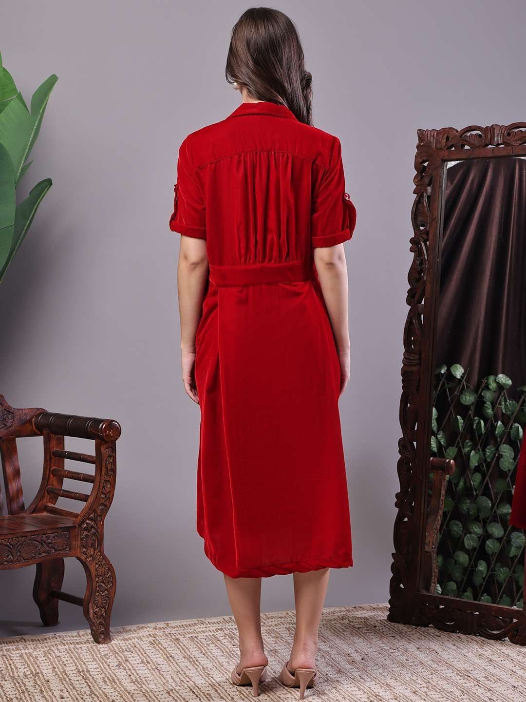 Women’s Red Velvet Solid Printed Shirt Midi Dress with Belt