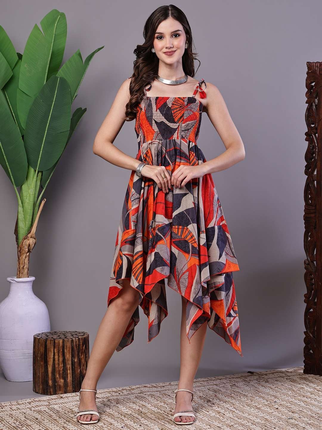 Women’s Rust & Grey Abstract Print Cotton Handkerchief Hem Dress Midi Dresses