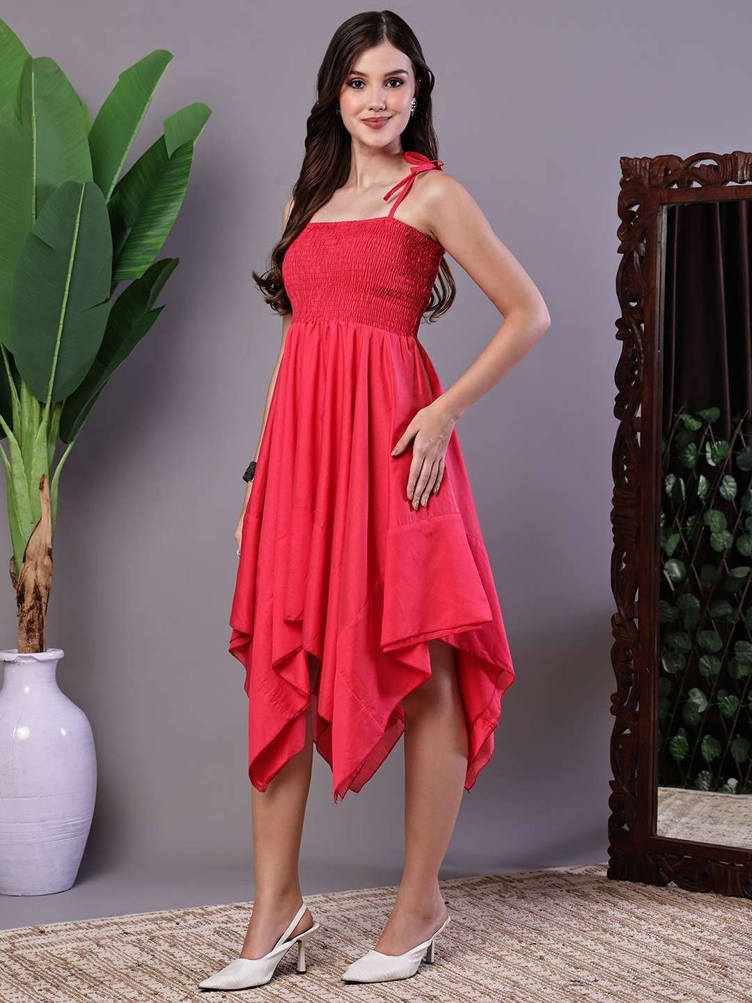 Women’s Solid Red Cotton Handkerchief Hem Midi Dress Midi Dresses