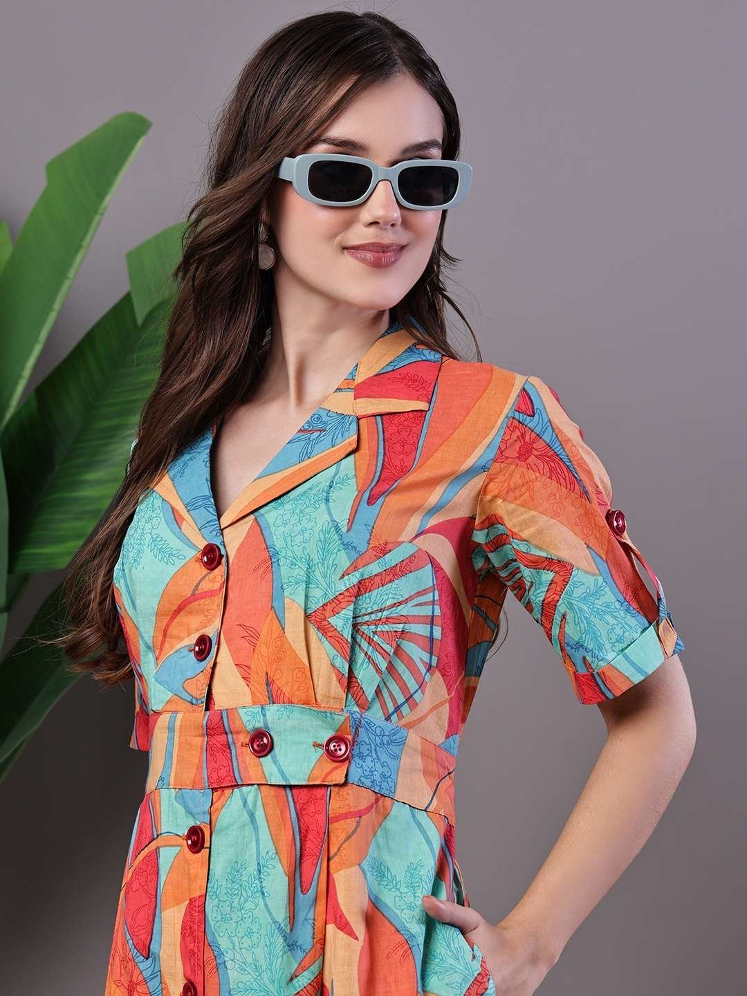 Women’s Tropical Print Button-Down Cotton Midi Dress