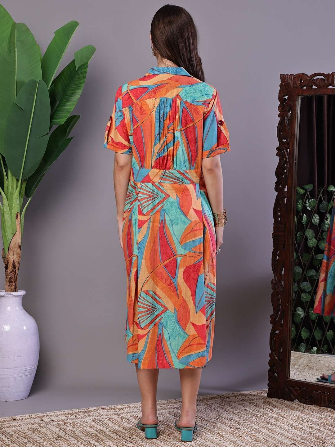 Women’s Tropical Print Button-Down Cotton Midi Dress