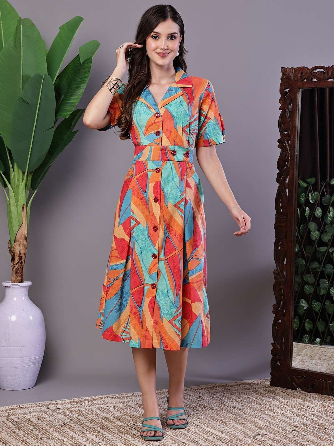 Women’s Tropical Print Button-Down Cotton Midi Dress