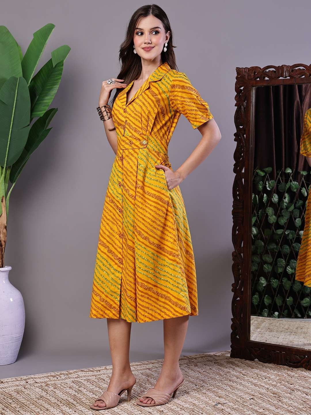 Women’s Yellow Printed Cotton Shirt Dress