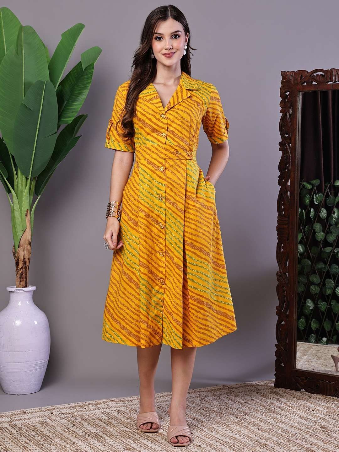 Women’s Yellow Printed Cotton Shirt Dress