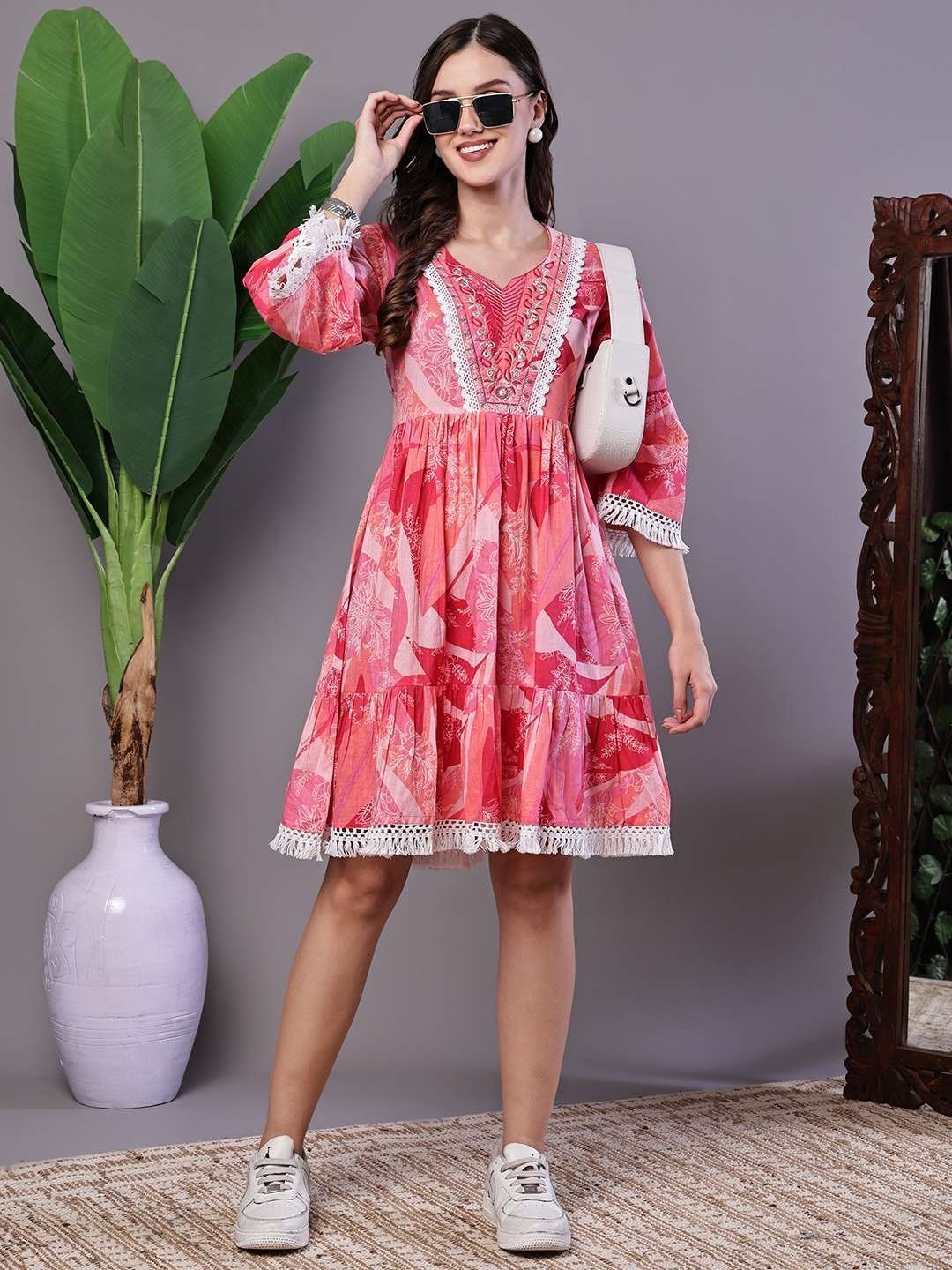 Wome’s Pink Floral Printed Cotton A-Line Dress with Embroidered Yoke Midi Dresses