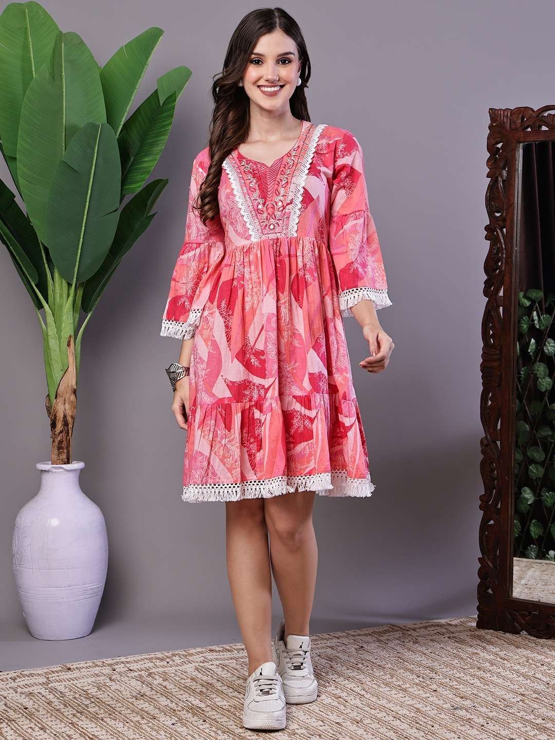 Wome’s Pink Floral Printed Cotton A-Line Dress with Embroidered Yoke Midi Dresses