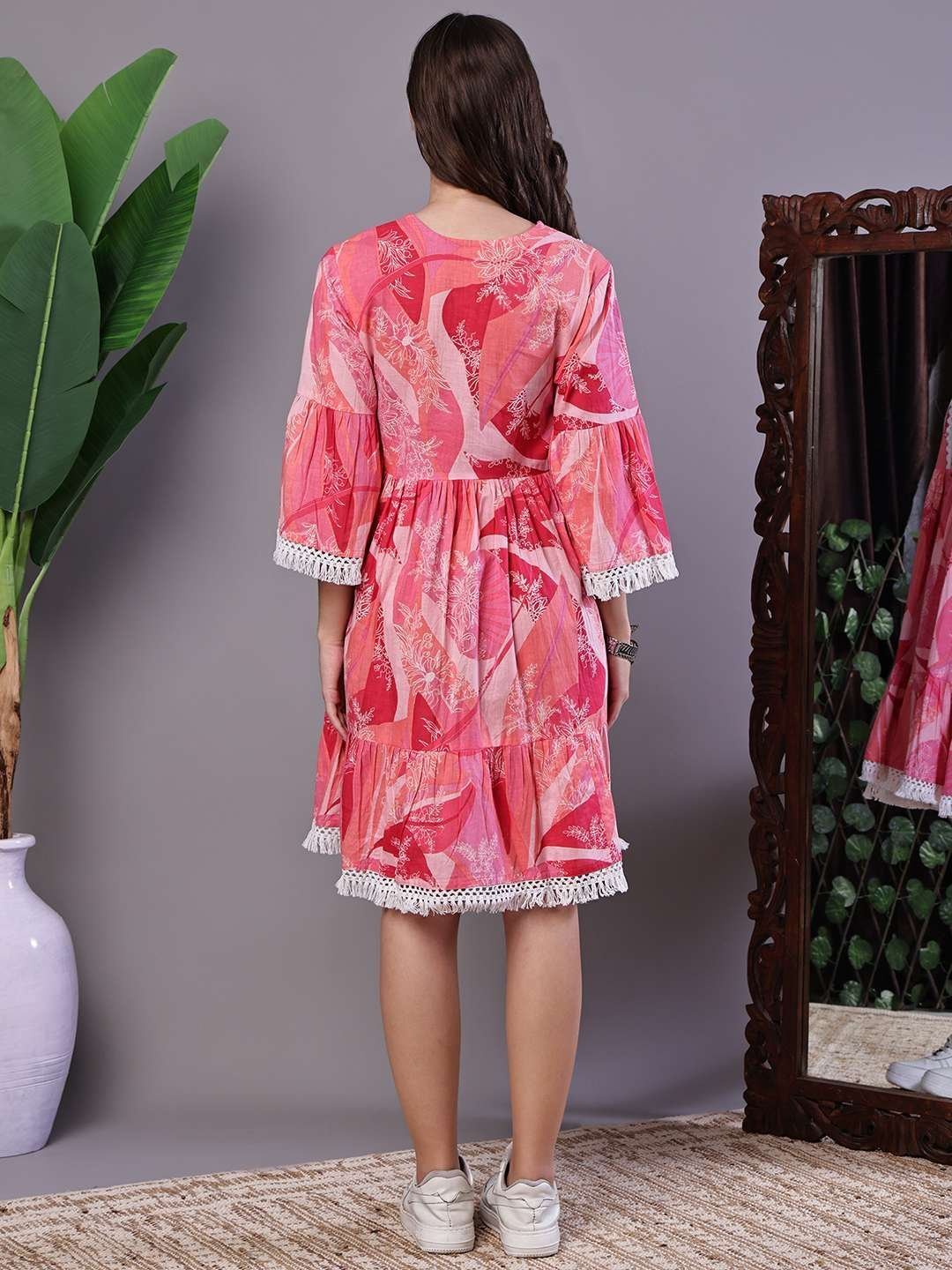 Wome’s Pink Floral Printed Cotton A-Line Dress with Embroidered Yoke Midi Dresses