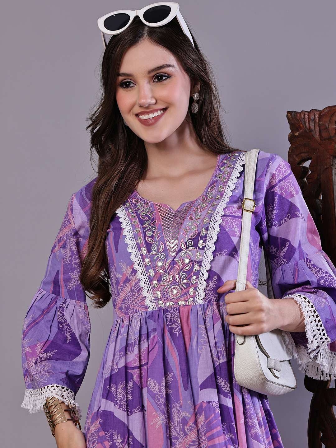 Wome’s Purple Floral Cotton A-Line Dress with Lace Detailing Midi Dresses
