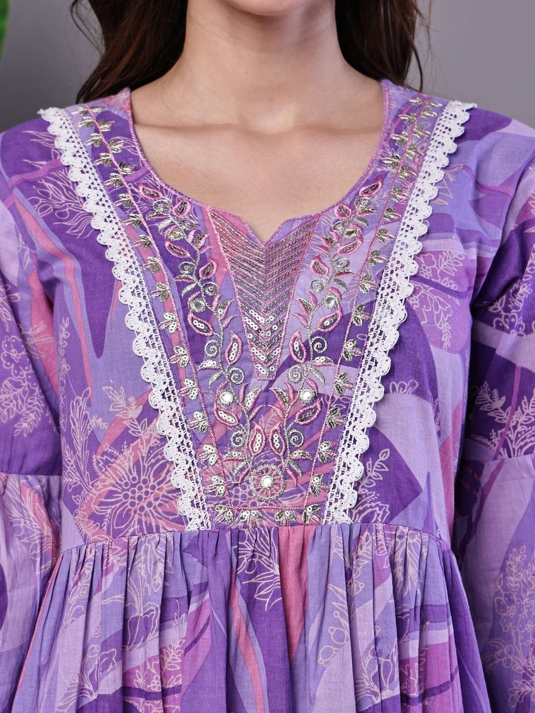 Wome’s Purple Floral Cotton A-Line Dress with Lace Detailing Midi Dresses