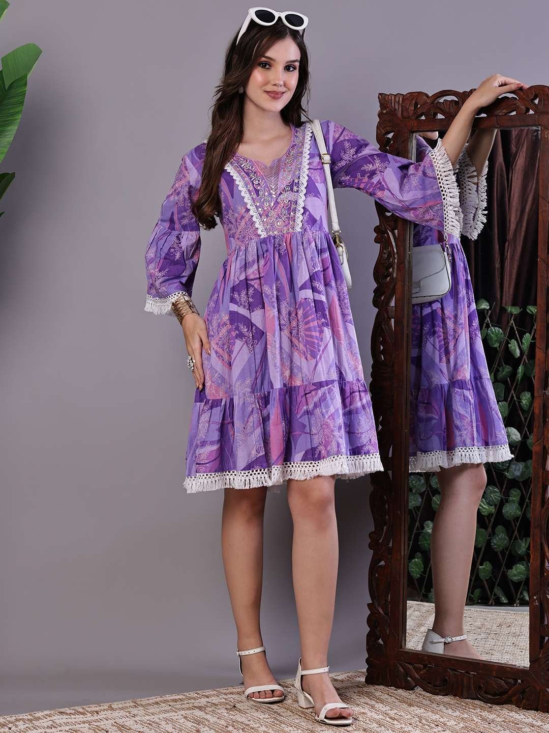 Wome’s Purple Floral Cotton A-Line Dress with Lace Detailing Midi Dresses