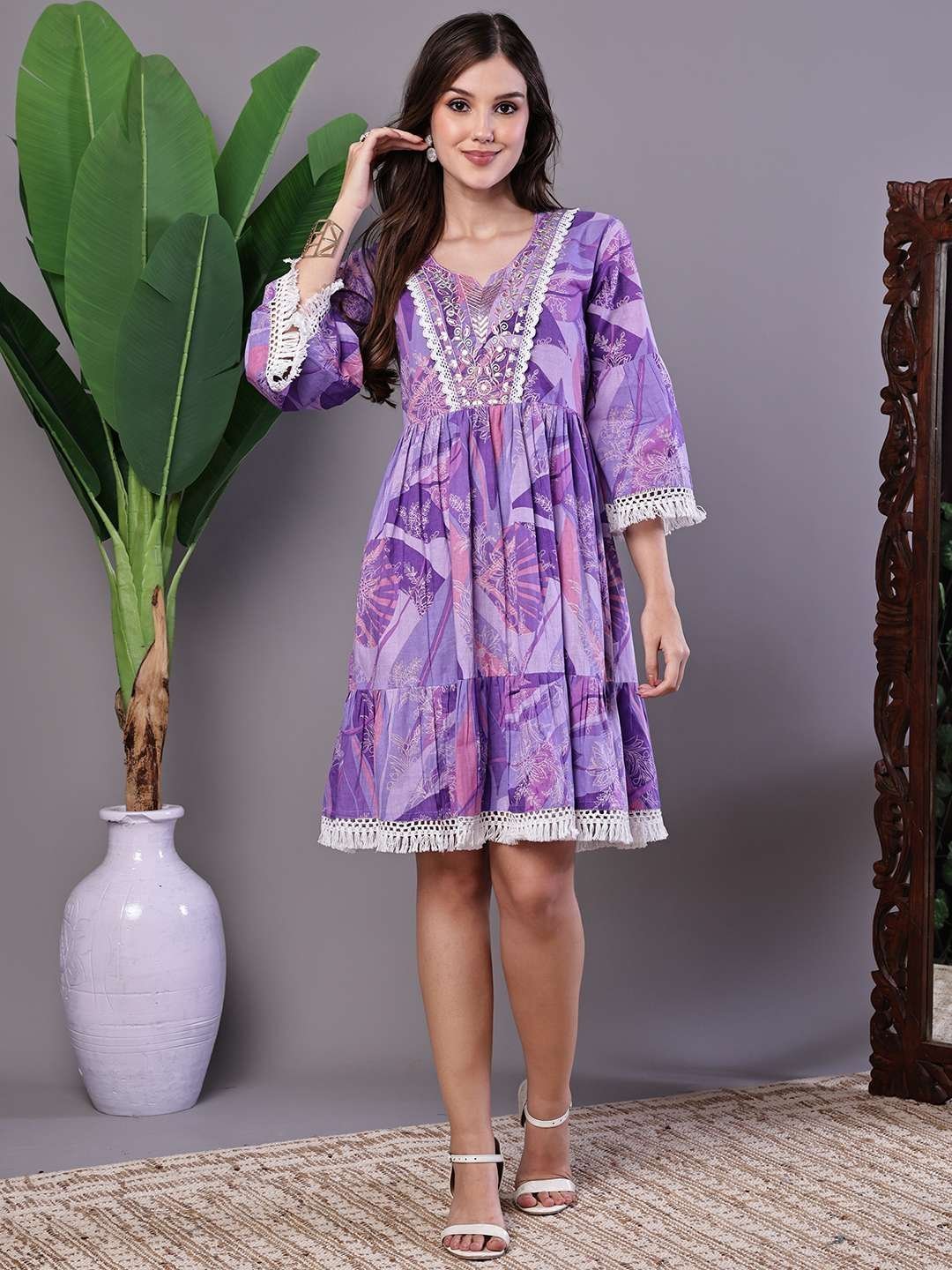 Wome’s Purple Floral Cotton A-Line Dress with Lace Detailing Midi Dresses